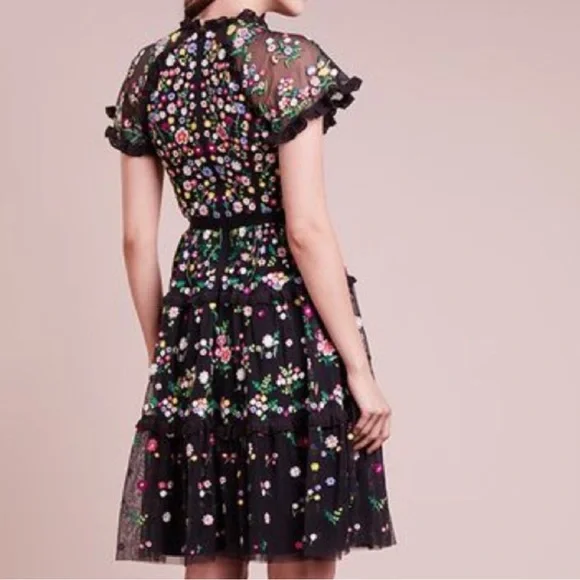 Needle & Thread Lazy Daisy Multicolor Floral Embroidered Black Midi Dress 4 - Picture 3 of 11